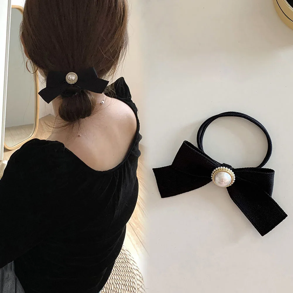 Fiocchi neri retrò cravatte per capelli elegante supporto coda di cavallo fasce elastiche per capelli moda coreano corda per capelli Scrunchies accessori per copricapo