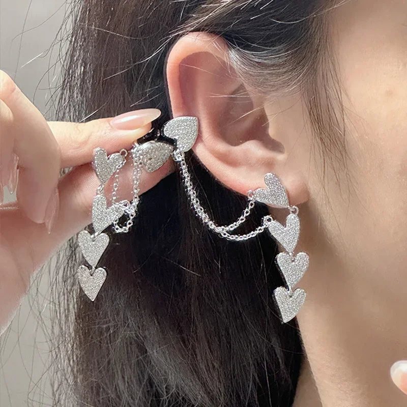 

MDL Moissanite Style Original Design Exaggerated Crooked Heart Ear Bone Clip Tassel Super Fairy 18K Plated Radiant Micro-setting