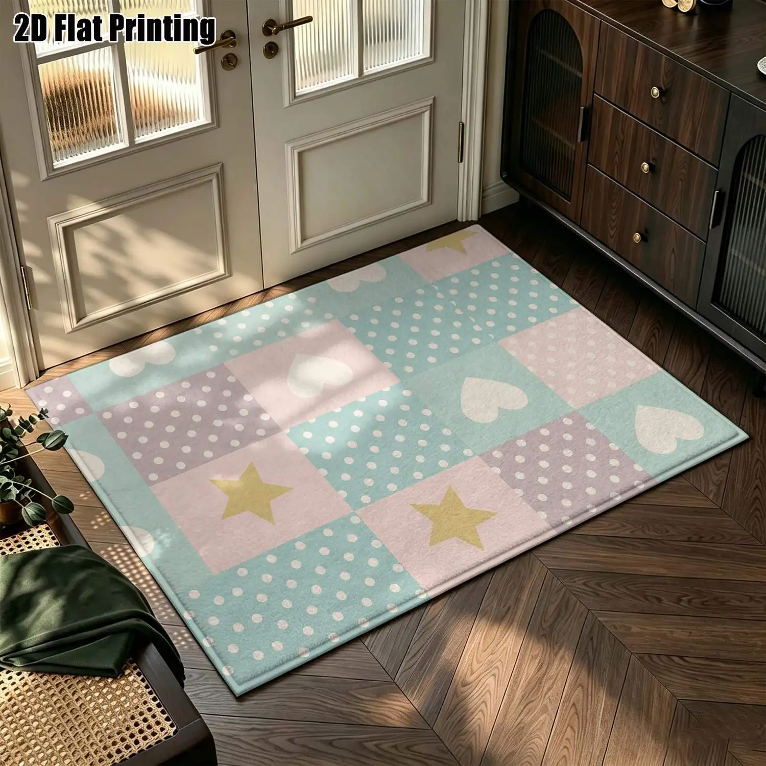 1Pc 2D Printed Carpet: Fresh Heart, Star, Polka Dot Patterns Nordic/Instagram/Modern Minimalist/European Geometric Style, Multi-Size, Machine Washable, Ideal for Entryway, Dining Room, Foyer, Bedroom, Living Room as Home Decor Floor Mats.