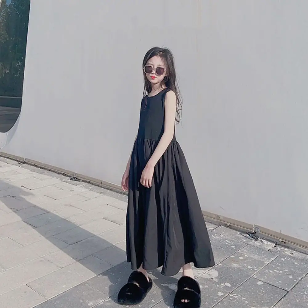 فستان الأميرة الأنيق بدون أكمام للفتيات، فستان فضفاض أنيق لحفلات المراهقين، فستان أسود جميل للأطفال لأعياد الميلاد