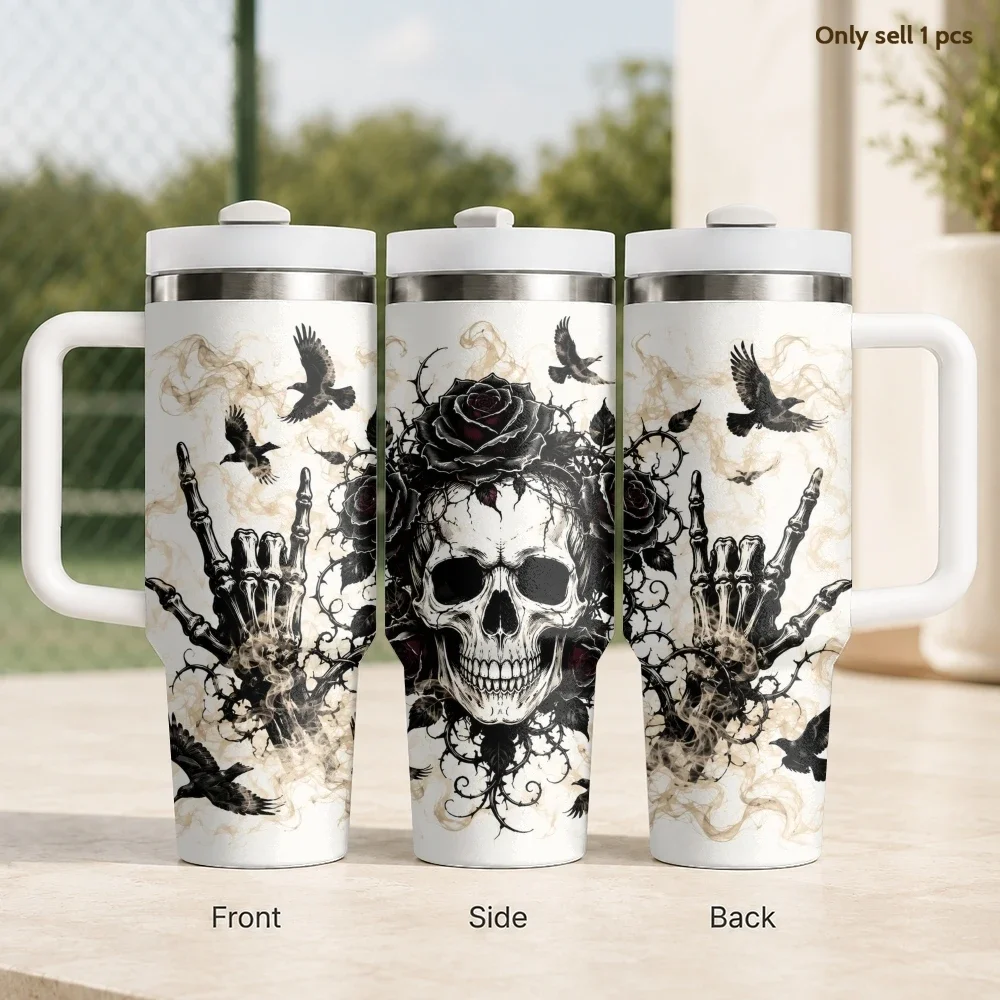 Gothic Skull Rose Ravens Vacuum Flasks 40oz Stainless Steel Insulated Tumbler with Handle & Straw Leakproof Travel Mug