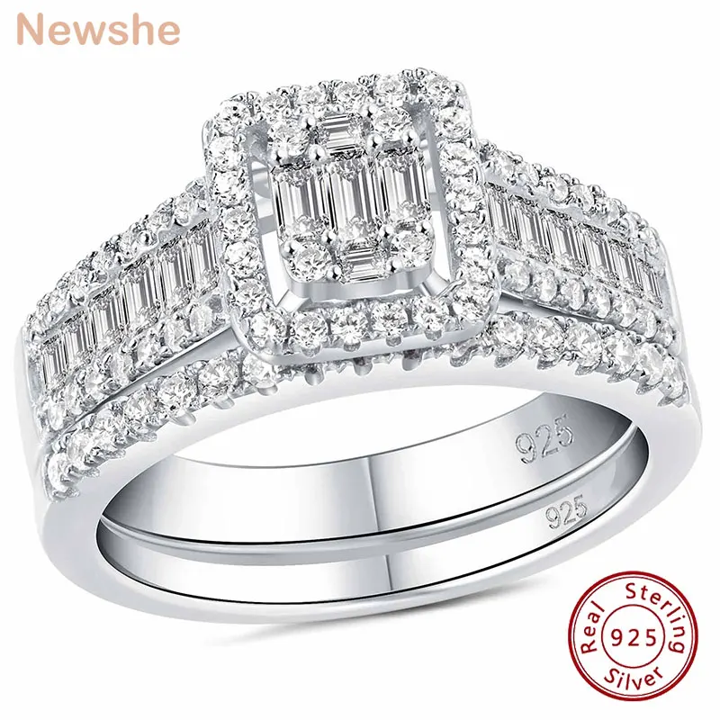 

Newshe 2Pcs 925 Sterling Silver Wedding Rings for Women Engagement Ring Bridal Band Set Emerald Cut AAAAA Cz Luxury Jewelry