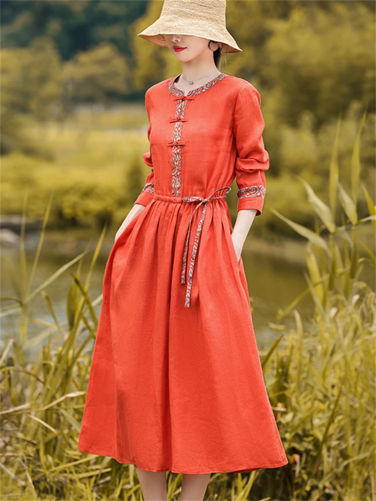 2024 New Spring Autumn Red Vintage Dresses For Women Cotton Linen Casual Loose  Long Elegant Dress Femme Robe Fashion Clothing