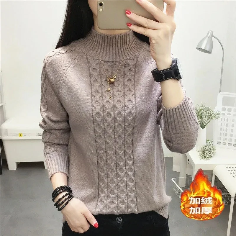 

Twist Semi-High-Necked Warm Sweater Autumn And Winter 2024 New Add Velvet Padded Loose Sweater Solid Color Bottoming Shirt Women