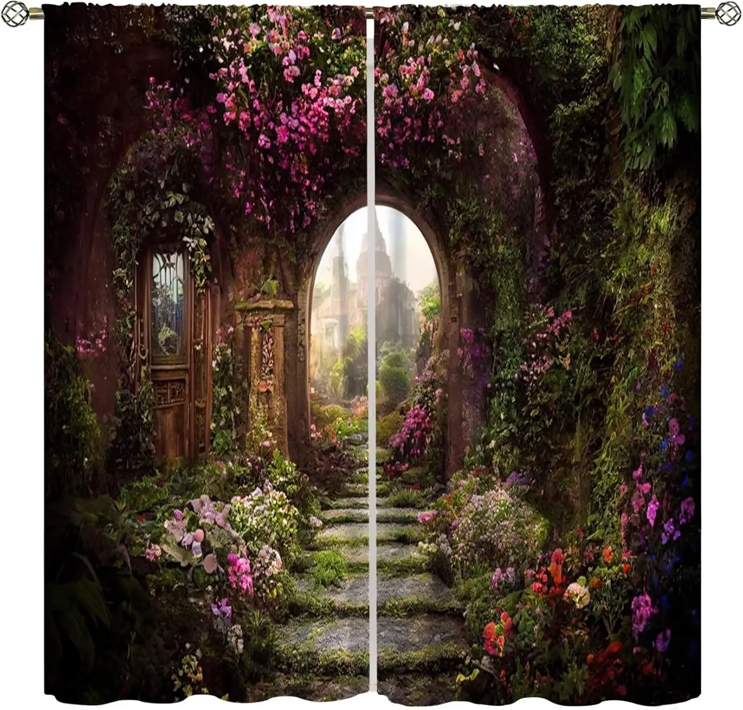 Fantasy Forest Blackout Curtains Mysterious Jungle Forest Round Door Pink Rose Pattern Living Room Curtains Kitchen Bedroom