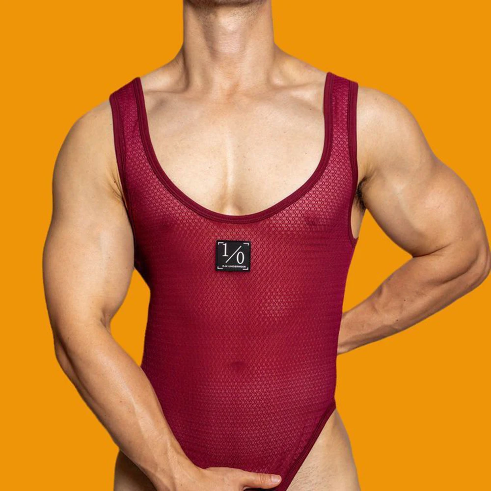 Men sexy tight mesh see-through jumpsuit body shaping fitness home breathable personalized comfort solid color underwear for men