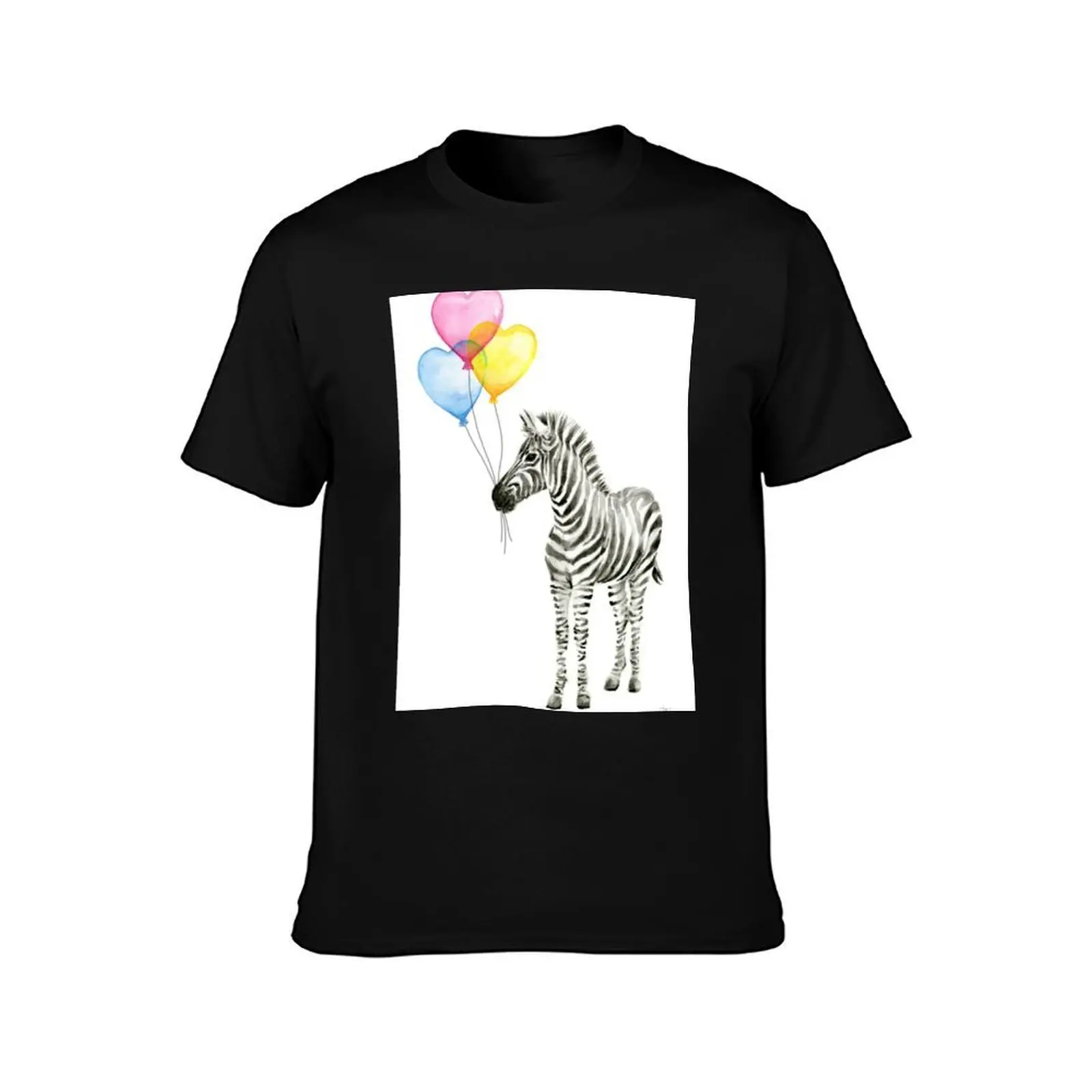 Zebra Watercolor Baby Animal with Balloons for Nursery T-Shirt, Summer Casual Cotton Tee, Oversized Streetwear Tops, 100% Cotton