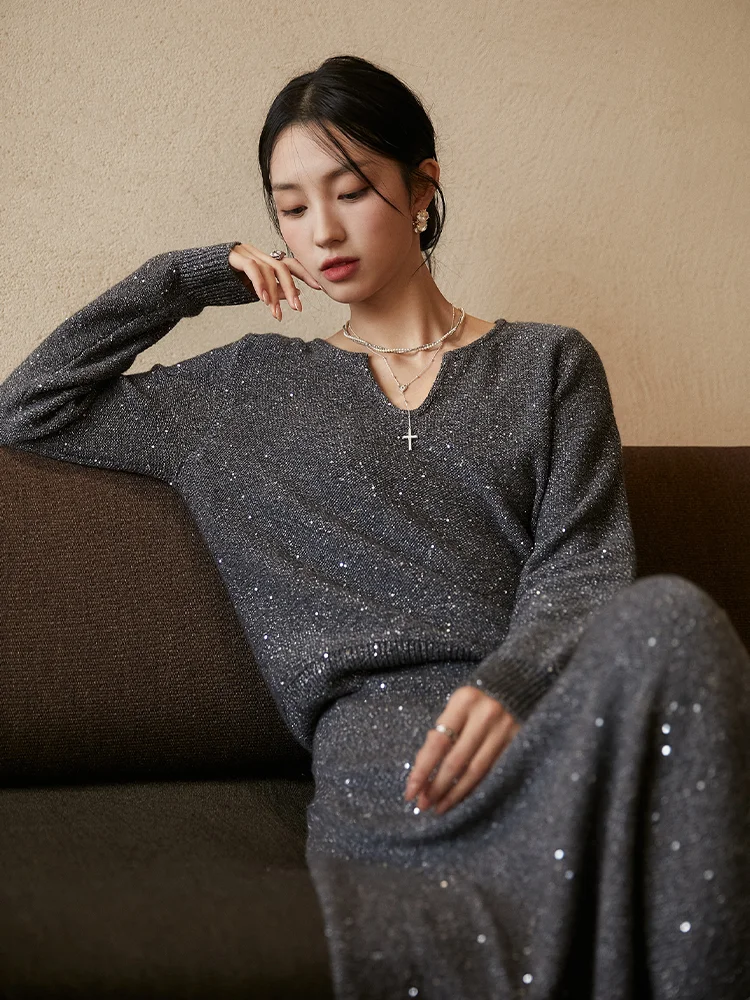 BirdTree-2024 Women New In Matching Sets, Sheep Wool Cashmere, Sequined Cardigans, OL Elegant Long Skirt, Autumn Winter S40302QM