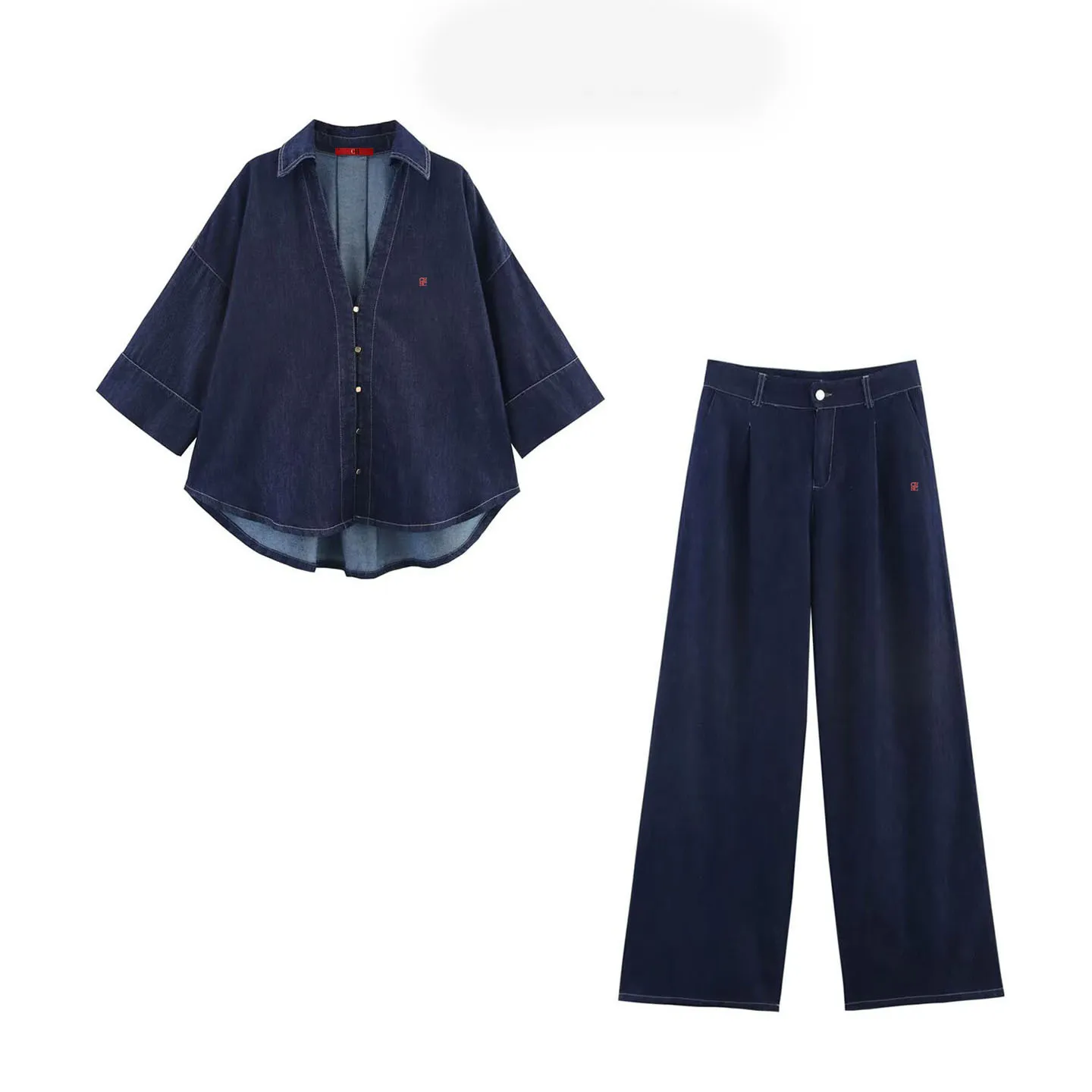 CH Damen Denim Zweiteiler Set: Oversized Knopfhemd und Weite Jeans, Lässiges Streetwear-Outfit für Frühling und Herbst – Detail 4