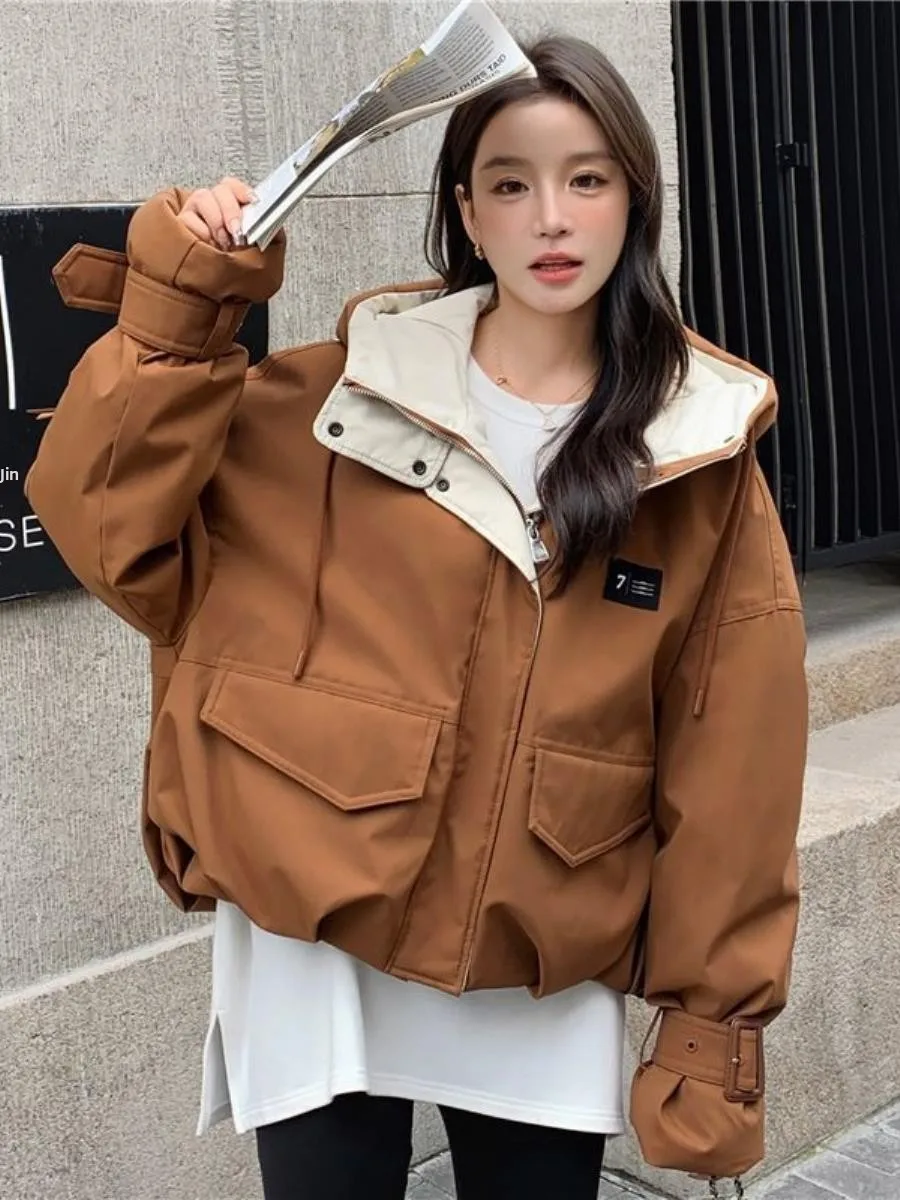 Cel Brown Cotton Gefüttert Thiened Jaet Damen Kleine Größe Winter Neuer lockerer Baumwollmantel Trenchcoat Sle Abnehmbare Kapuze