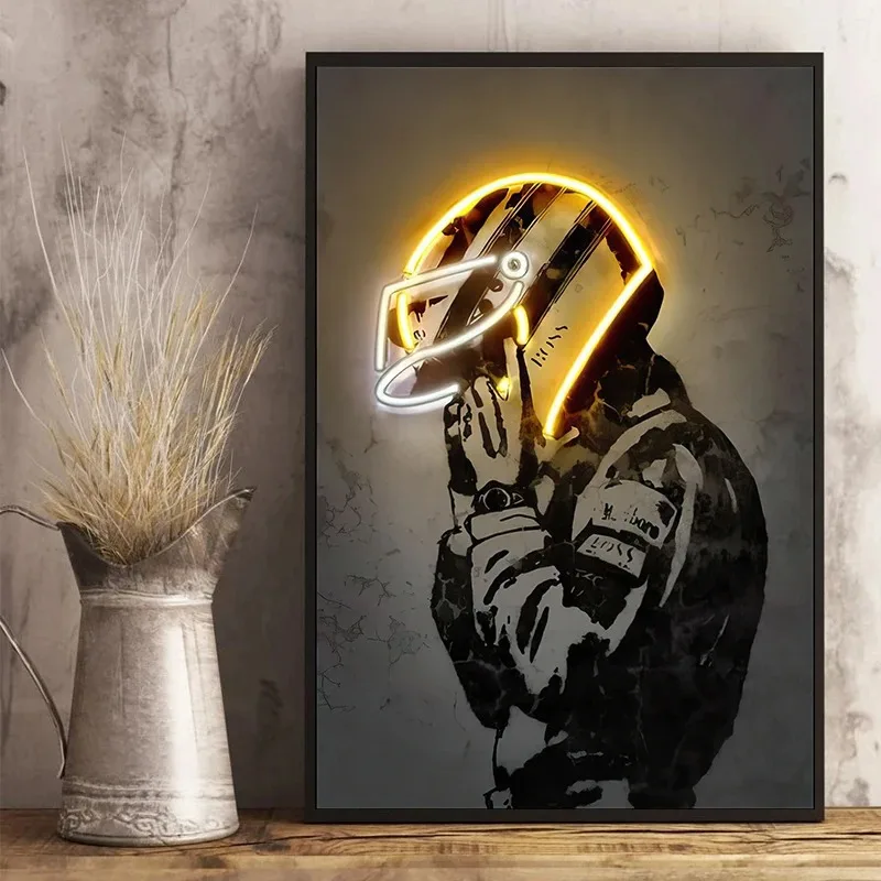 Vintage Helmet Man Art Poster Neon Racing Suit Print Modern Graffiti Wall Art Canvas Painting Picture Bedroom Living Room Decor