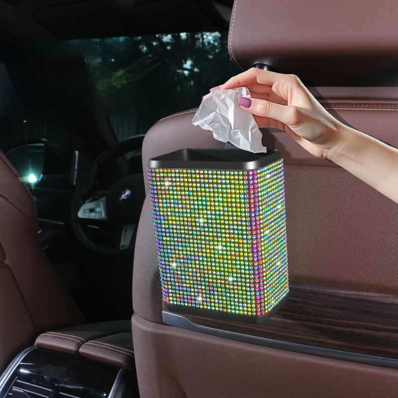Rhinestone Car Trash Can Storage Bins Plastic Color Diamond Back Storage Box Trash Grabber Bling Car Hanging Accessories