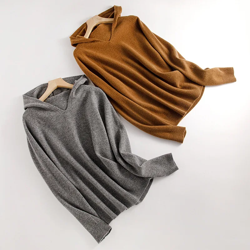 2025 여성 가을 의류 마이야르 스타일 의상 100% 순모 무봉제 원피스 긴 소매 후드 니트 탑