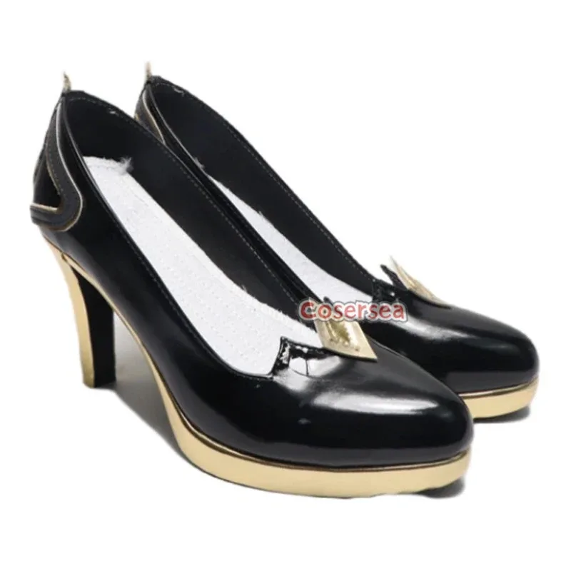 Cosersea Lingsha تأثيري أحذية لعبة Honkai: ستار السكك الحديدية Lingsha عالية الكعب أحذية النساء هالوين الأسود بولي Leather الجلود كوس أحذية نسائية