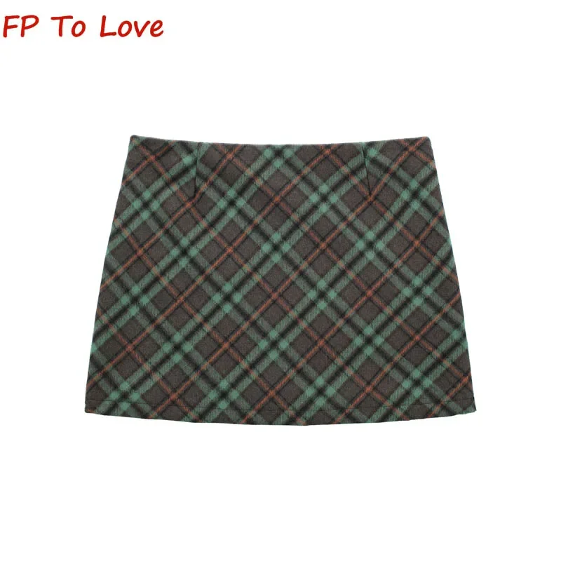 Spice Girl Autumn Winter Y2K Vintage Plaid High Waist Plaid Halter Skirt Melade Slim Tweed Sexy Wrap Hip Skirt