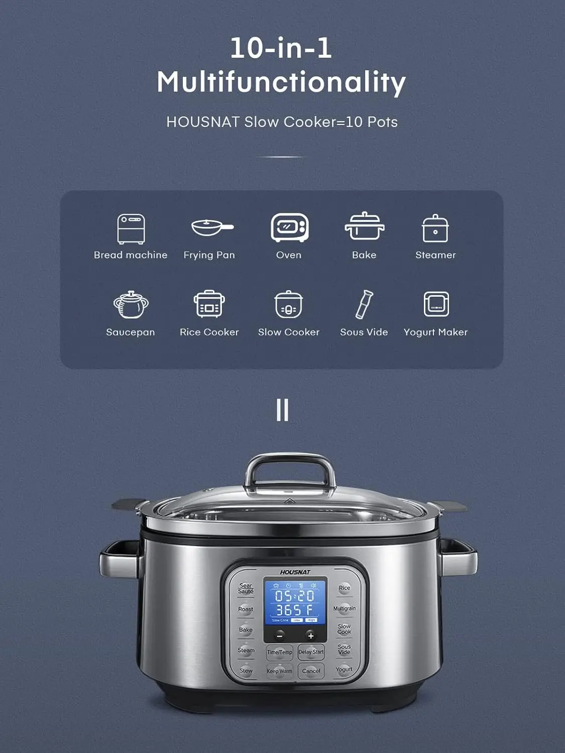 Slow Cooker, 10 in 1 Programmable Cooker, 6Qt Stainless Steel, Rice Cooker, Yogurt Maker, Delay Start, Steaming Rack and