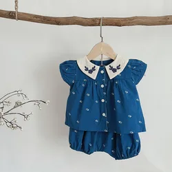 Set di vestiti estivi per bambini camicetta e pantaloncini a maniche corte carini 2 pezzi per neonate abito con colletto Peter Pan ricamato floreale