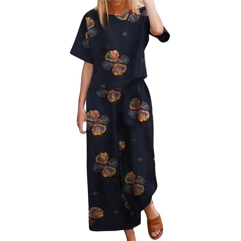 AC76-Women's 2 Piece Linen Short Sleeve Set Crewneck Tops Wide Leg Pants Set Plus Size Summer Outfit Navy Flowers XXL