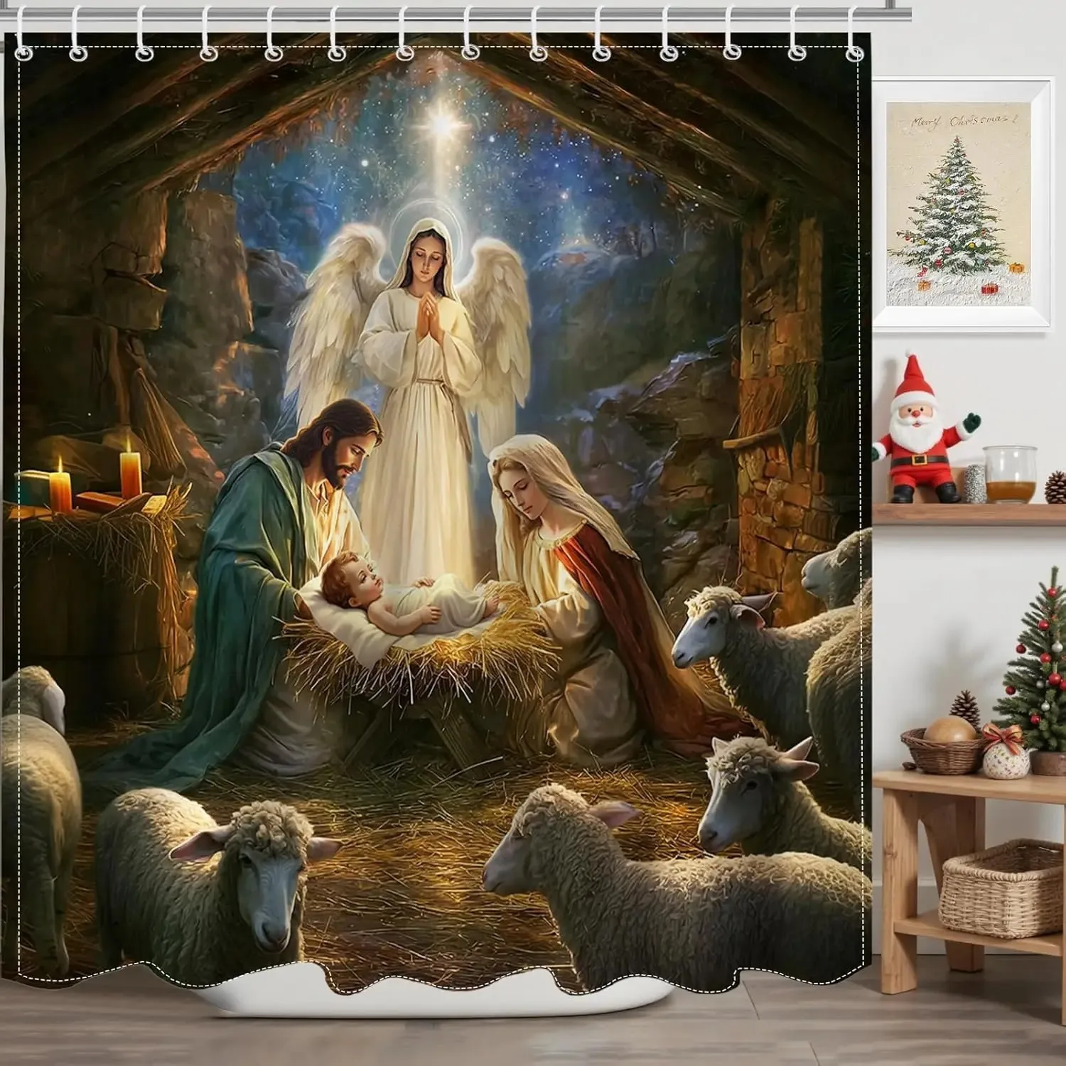 Christmas Shower Curtain Christma holy Night Nativity Shower Curtain The Birth of Jesus Thatched Cottage Lamb for Xmas Christma