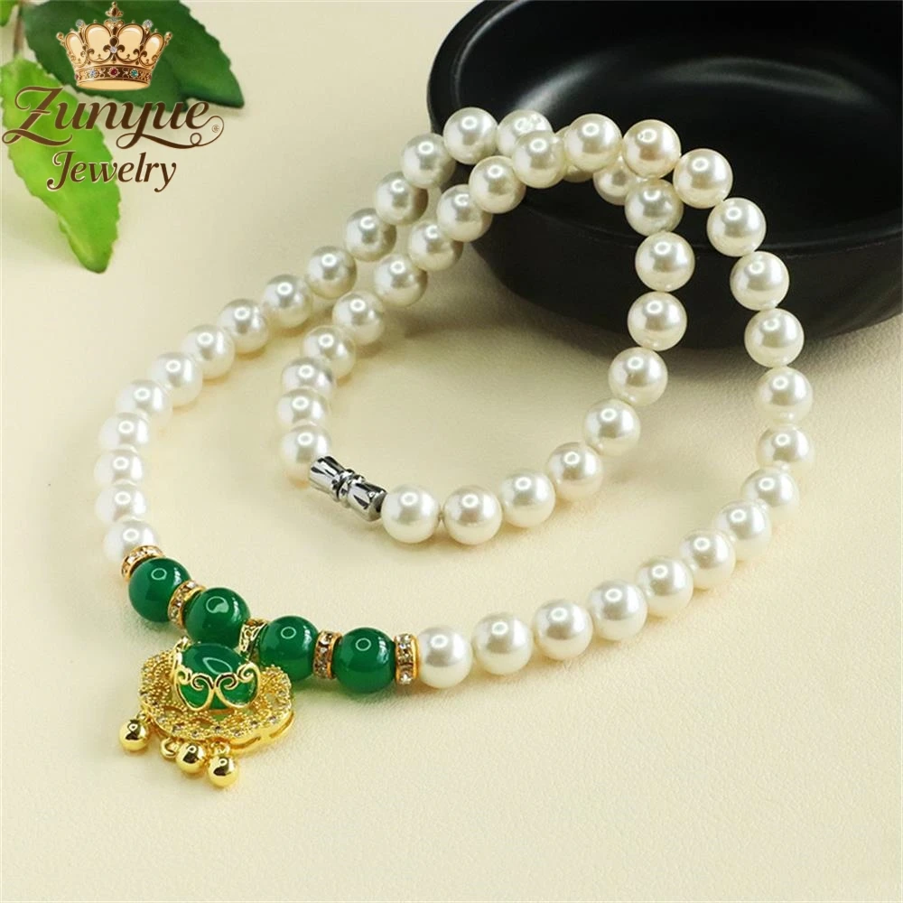 العقيق الأخضر الطبيعي Ruyi قفل قلادة و عقد من اللؤلؤ الأبيض جودة فاخرة مجوهرات الأزياء رائعة شعبية سحر هدية