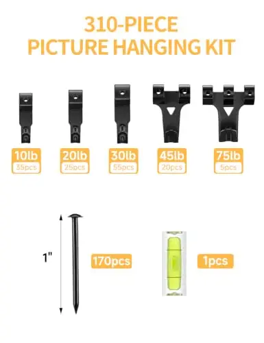 310Pcs Picture Hanging Hooks Kit with Nails & Mini Level Heavy Duty Picture Hanging Kit for Drywall Plaster Wood Walls, Clock ho