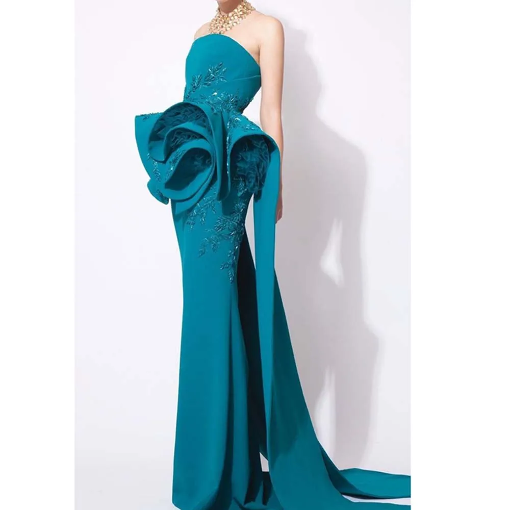 Elegant Blue Evening Party Dresses Strapless Floor Length Sleeveless Trumpet High Quality Women Formal Occasions Banquet Gowns