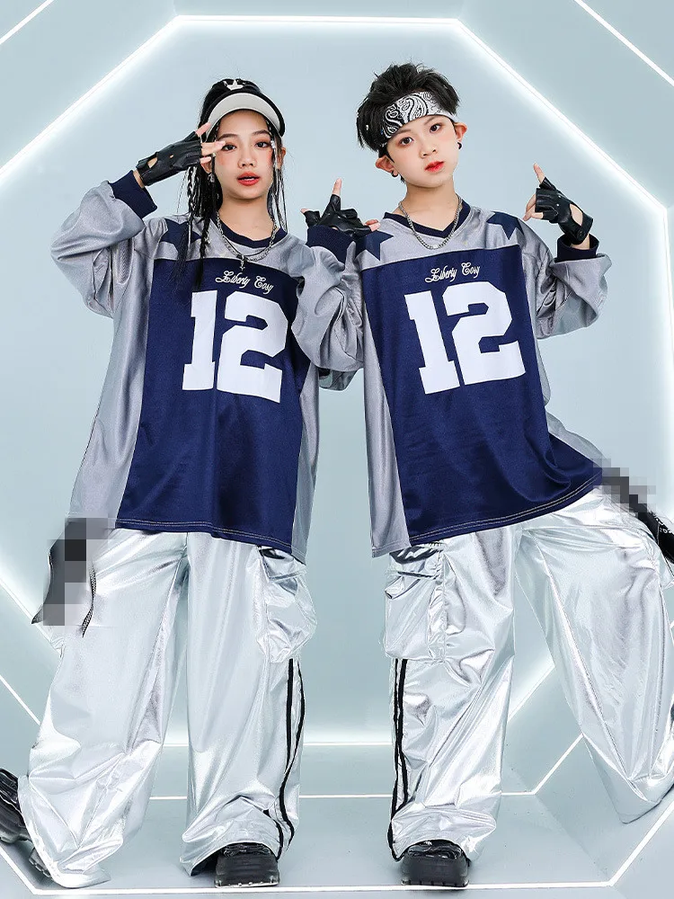 

Футболка контрастного цвета в стиле хип-хоп для девочек, блестящие брюки-карго из искусственной кожи, крутые комплекты одежды для уличных танцев для мальчиков, детская уличная одежда для джаза