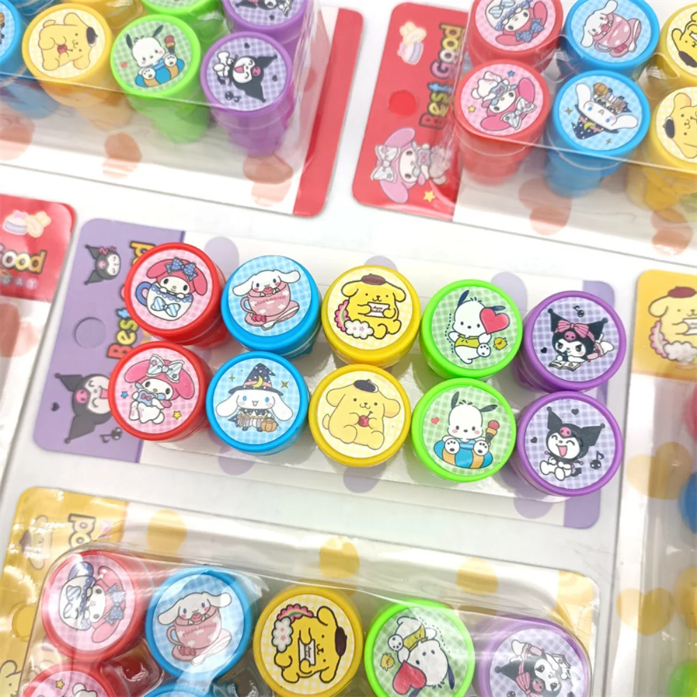 10/20/30 unids/set Sanrio Hello Kitty sellos de tinta automática dibujos animados Kuromi Melody Cinnamoroll patrón colorido sello juguetes regalos de cumpleaños