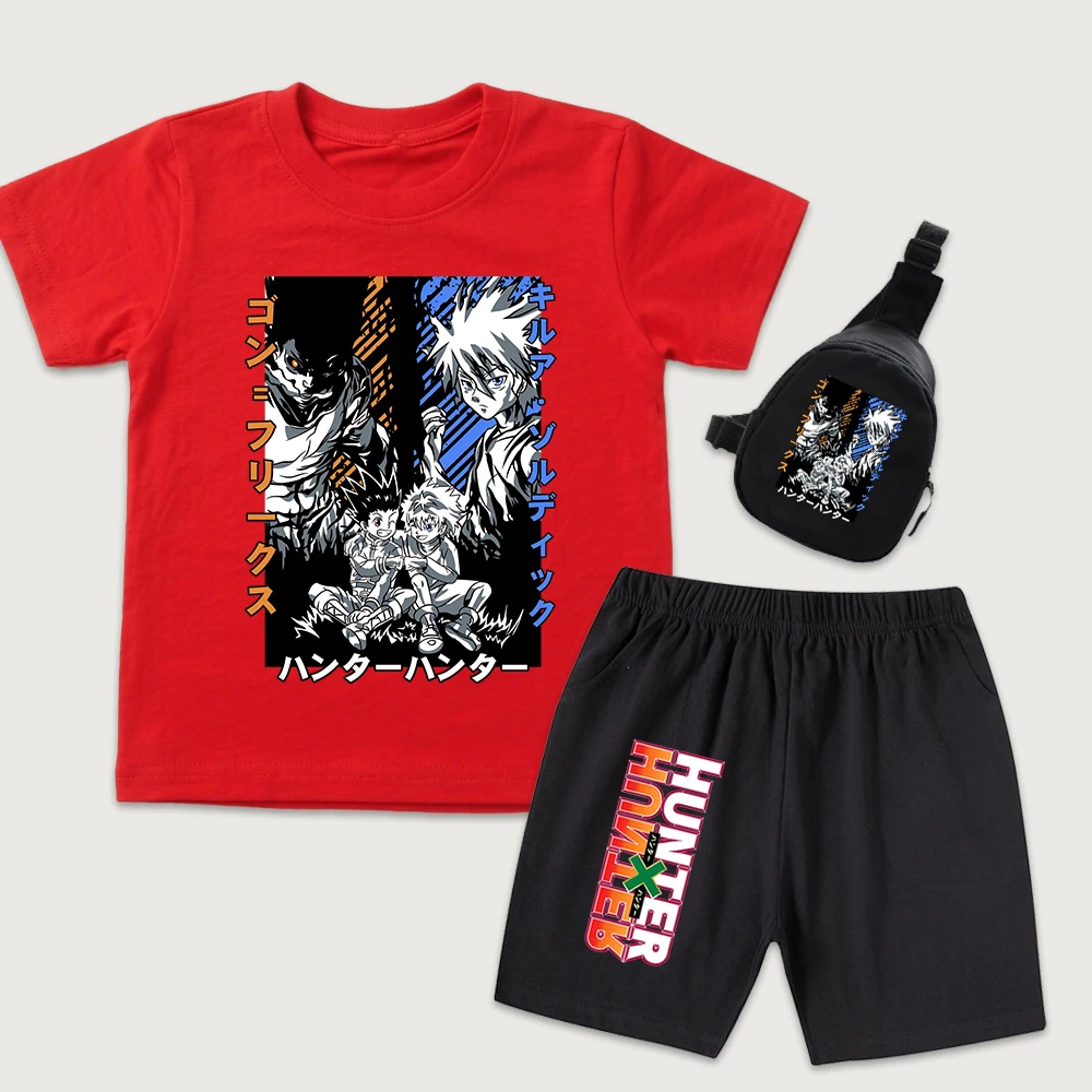 Hunter x Hunter Gon x Killua Anime Print Cotton T Shirts Shorts Mini Chest Bag 3Pcs Set for Kids Boys Girls Casual Wear