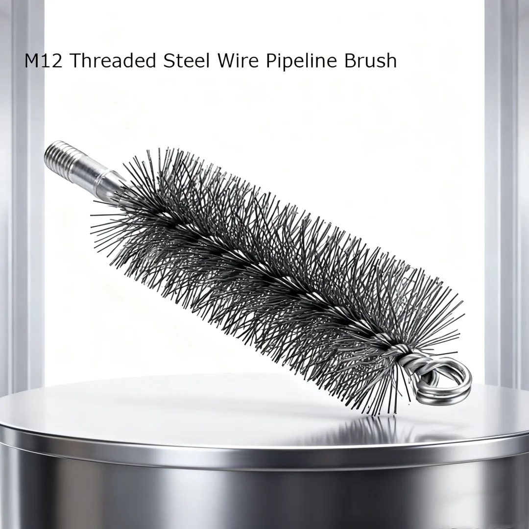 1pcs M12 Threaded Steel Wire Pipeline Brush Chimney Industrial Boiler Long Shank Brush for Cleaning Rust Removal Dia25~75mm