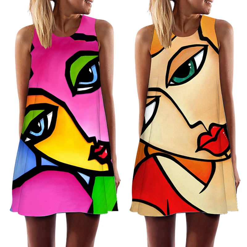 2023 Summer Women Vest Dress Sleeveless Abstract Face Art Printed O-Neck Mini Dresses for Female Casual Sweet A-Line Vestidos