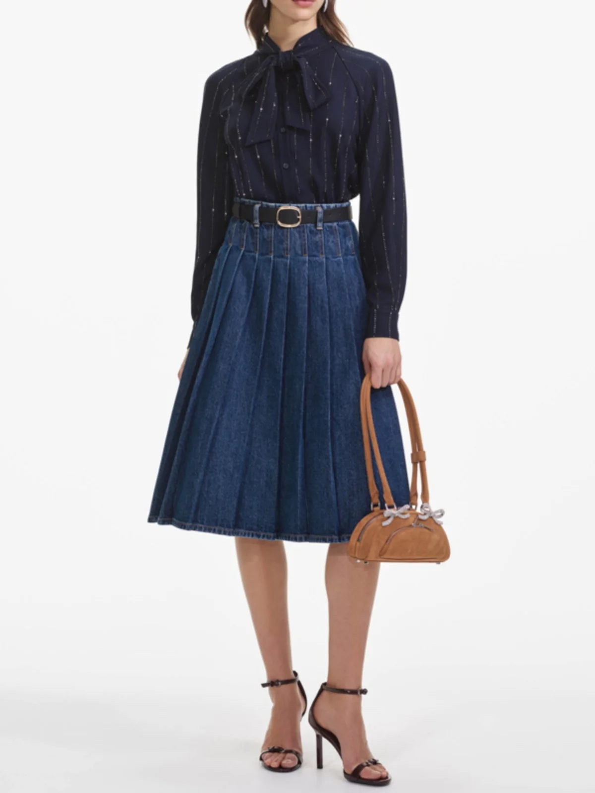 Elegant Women's Heavy Embellished Waist Belt Denim Pleated  Skirt College Style Commute Simple High Waist Polyester Fiber