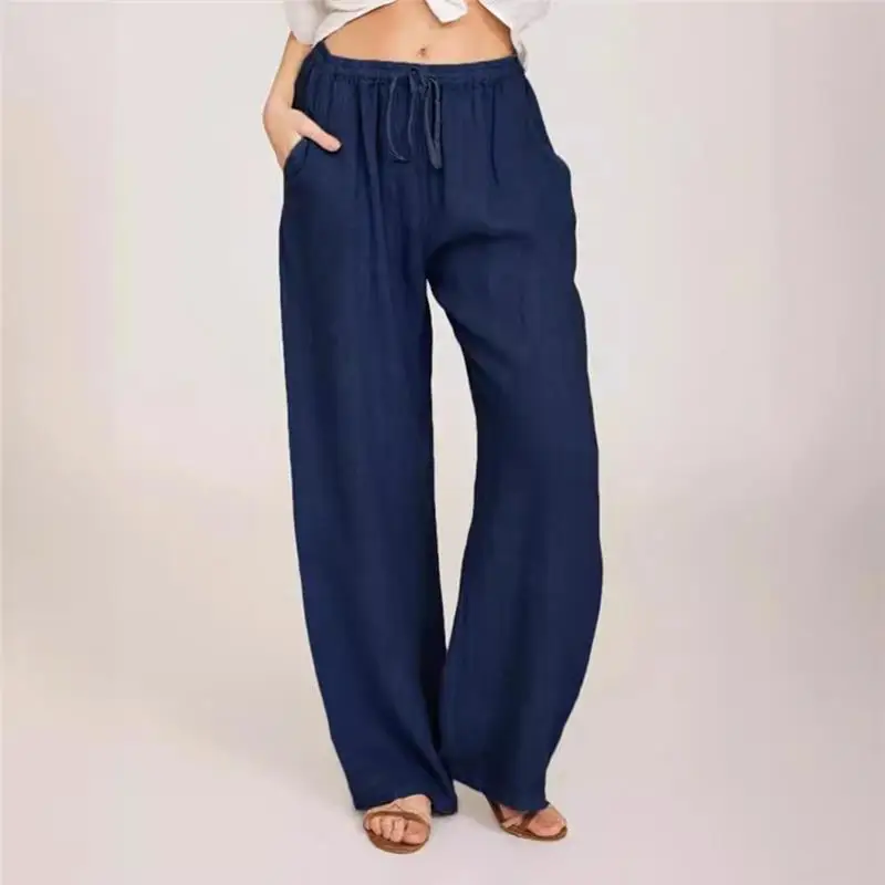 I K.REA Autumn Cotton Linen Wide Leg Pants for Women Full Length Casual Pants Female Solid Loose High Waist Straight Trousers