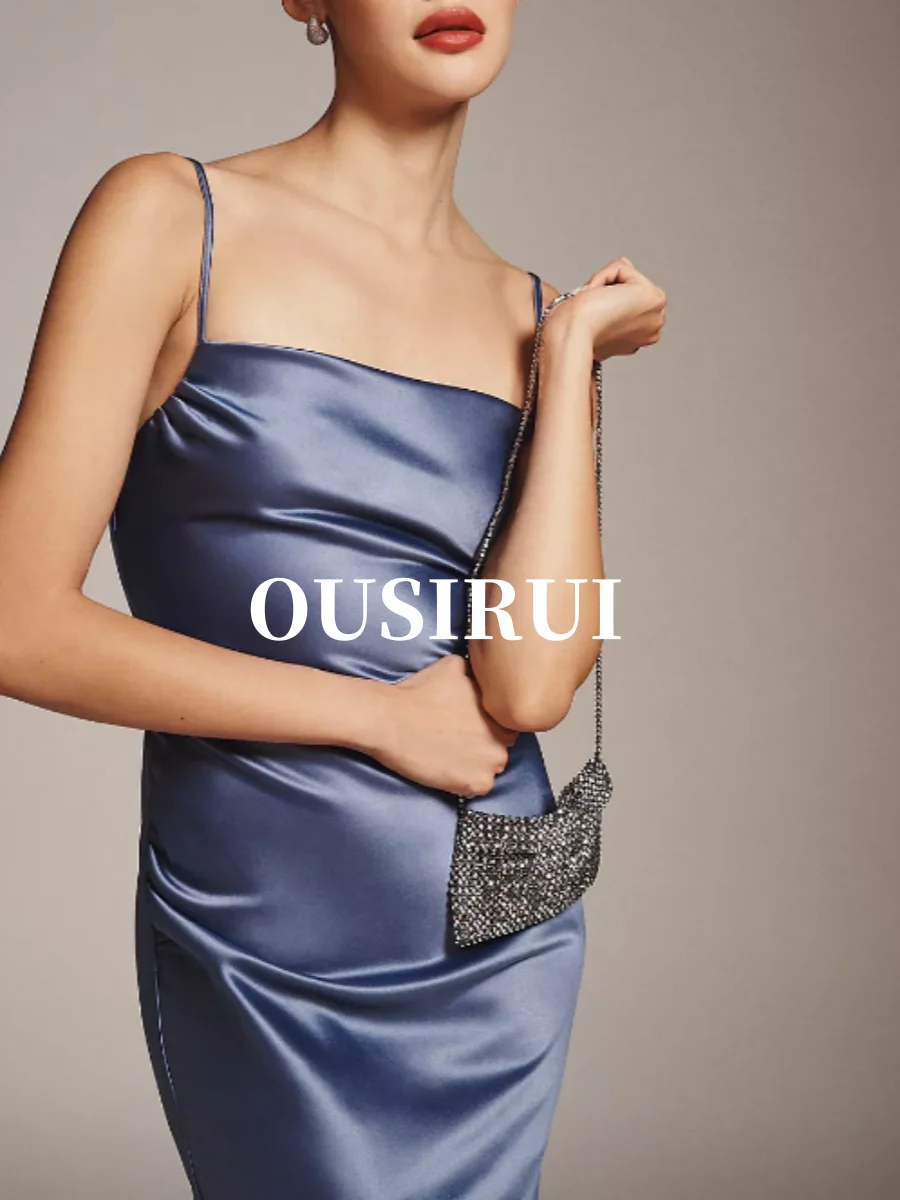 OUSIRUI gaun malam Backless leher persegi Halter pengiring pengantin wanita dewasa seksi biru gaun malam Satin