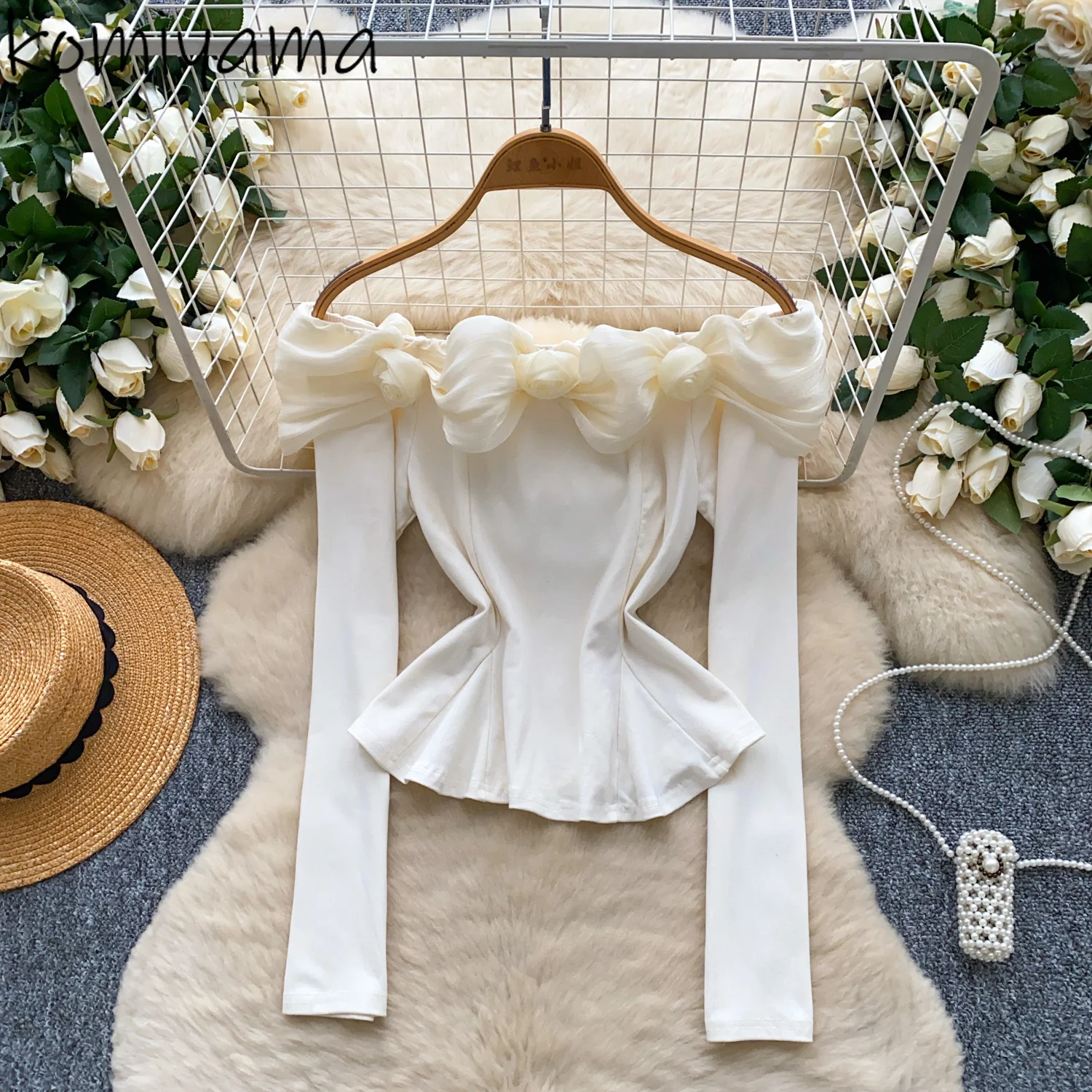 

Three-Dimensional Flower Ropa De Mujer Slash Neck T Shirts Long Sleeve Woman 2025 Roupas Unique Style Beautiful Clothes Tops