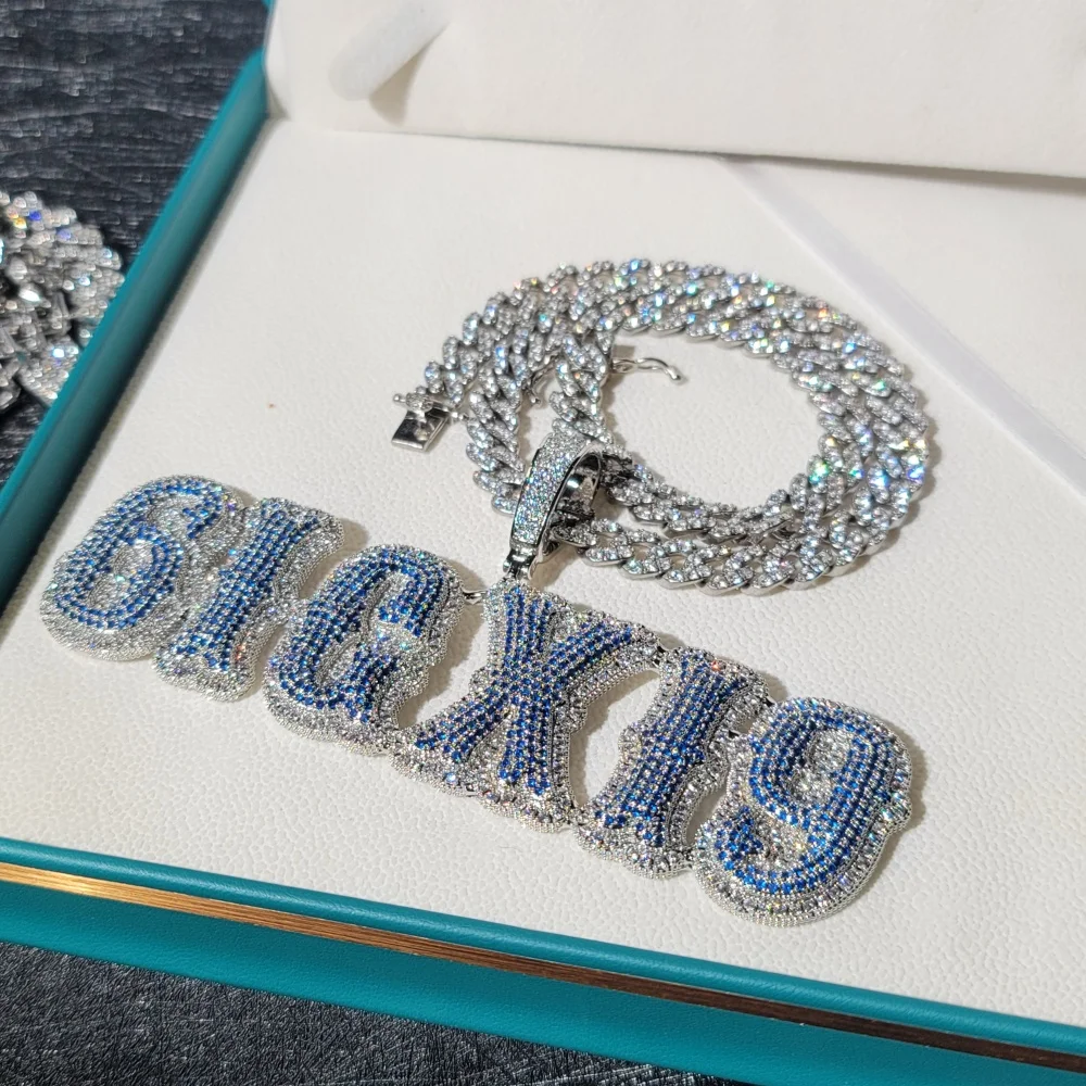 

ICECHARMI Treasure Blue Iced Out CZ Custom Letters Chain Trendy Luxurious Jewelry Personalized Nameplate Hiphop Pendant Gift