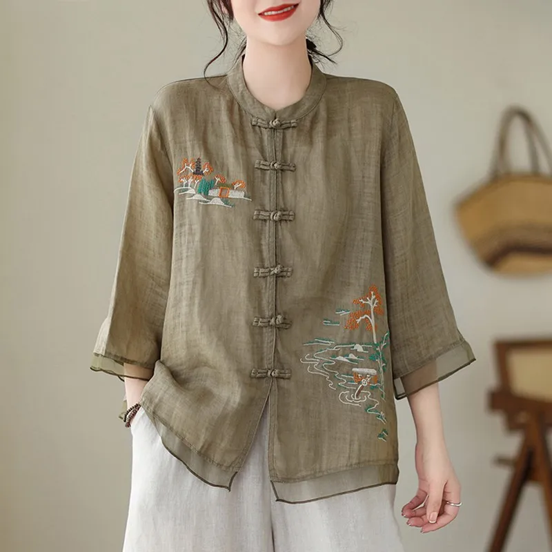 Women Casual Shirt New Arrival 2024 Summer Chinese Style Vintage Embroidery Loose Comfortable Female Basics Tops Shirts B3709