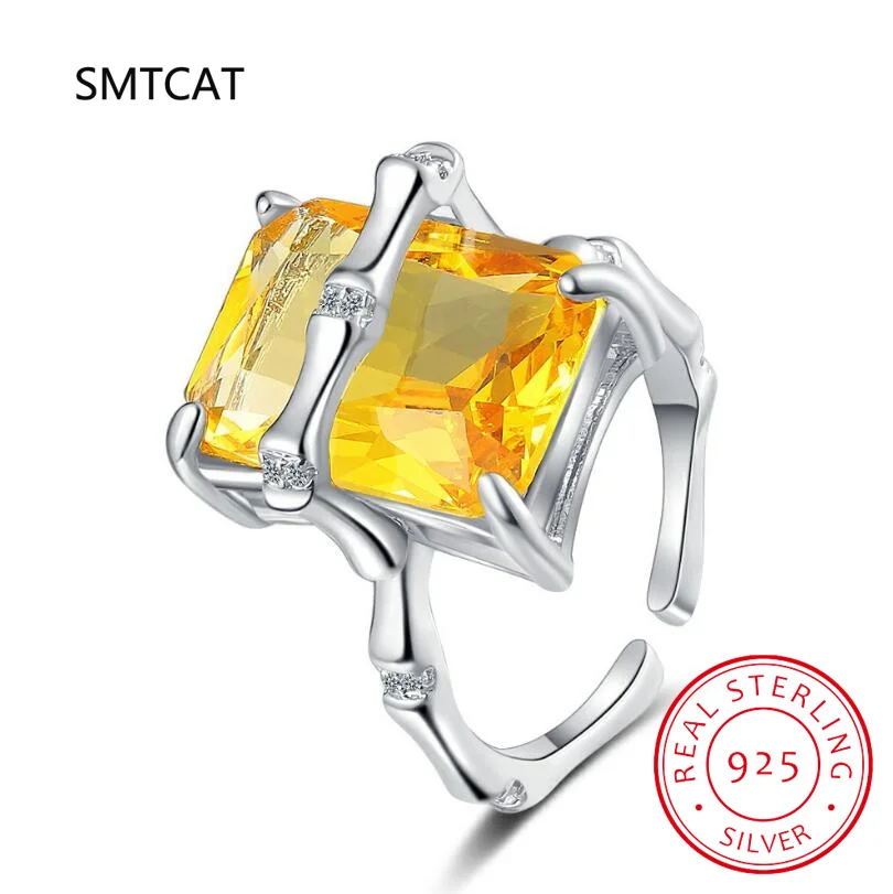 Emerald Cut Natural Yellow Citrine 925 Sterling Silver Bamboo Joint Ring for Women Statement Fashion Gemstone Jewelry Gift