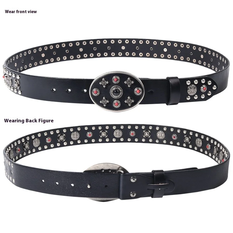 New top layer cowhide rivet personality men's and women's belts imitation red coral punk style high quality first layer cowhide