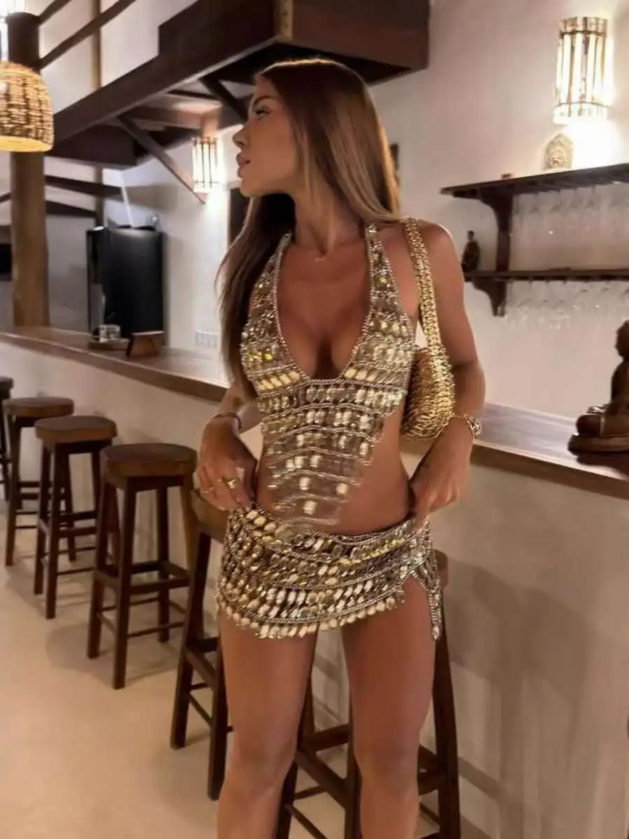 Silver Summer Top And Skirt Set Club Holiday Transparent Diamond Shiny Personalized Clothing European Style Polyester Fabric