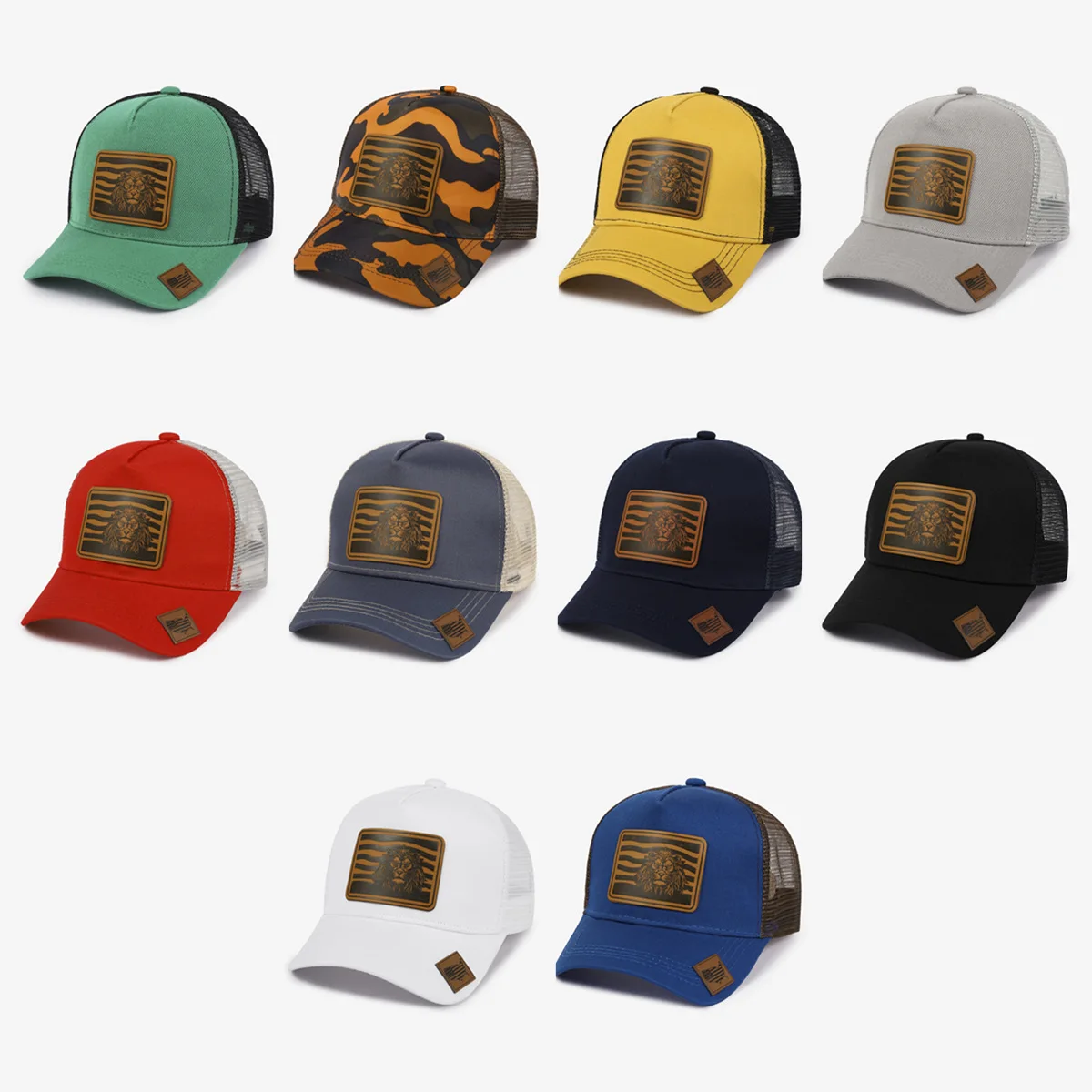 New Leather Label Lion Mesh Cap Men's Trucker Hat Baseball Cap Unisex Sun Protection Casual Sunshade Hat in Stock