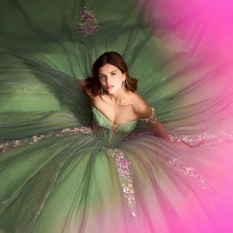 

Shiny Mint Green Quinceanera Dress off-shoulder glitter 3D flower decal Long tail Bow vestidos de 15 Quinceanera ﻿Customize