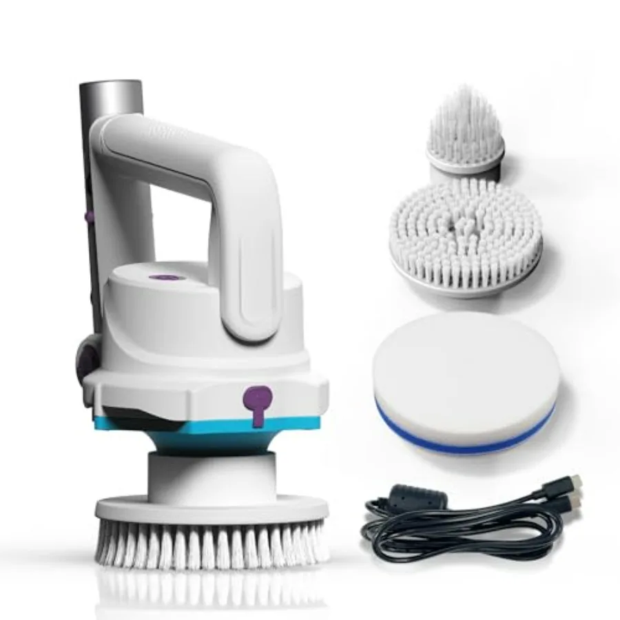 Pool cleaning brush head for walls, waterlines, floors; ABS plastic, white; rechargeable 3-in-1 electric scrubber with 40-min r