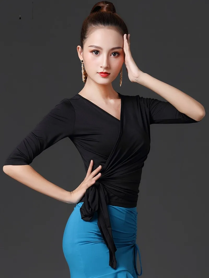 Latin Dance Practice Clothes Short-sleeved Tops Female Adult Summer Modern Dance Solid Color Lace-up Tee Dancing Wear For Girls