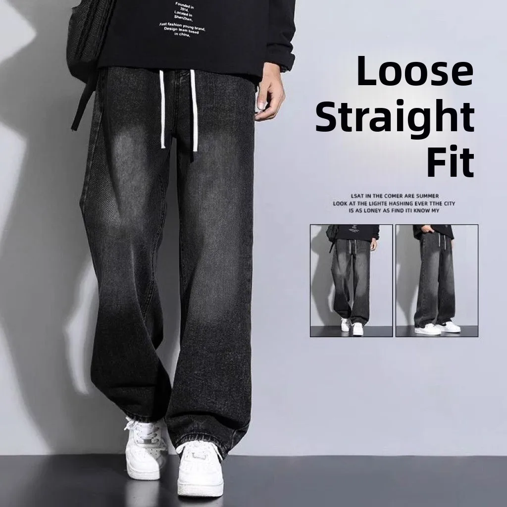 

aduated Bla Denim Jeans Men's Spring Summer Trendy Loose Straight Leg Trendy Boys Soft Wide Leg Long Pants Casual Wear