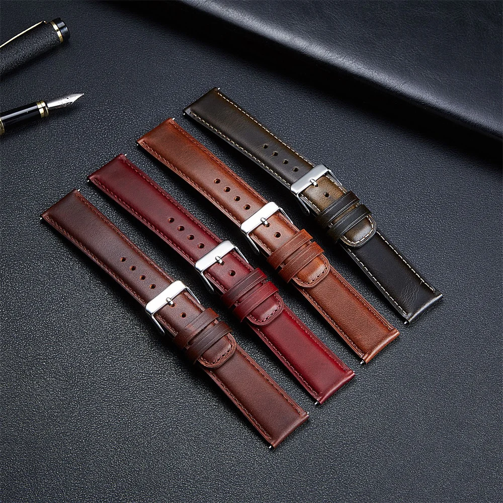 Quick Release Leather Watchband Handmade Cowhide Belt with Steel Pin Buckle Watch Accessories Oil Wax Watch Strap 20mm 22mm