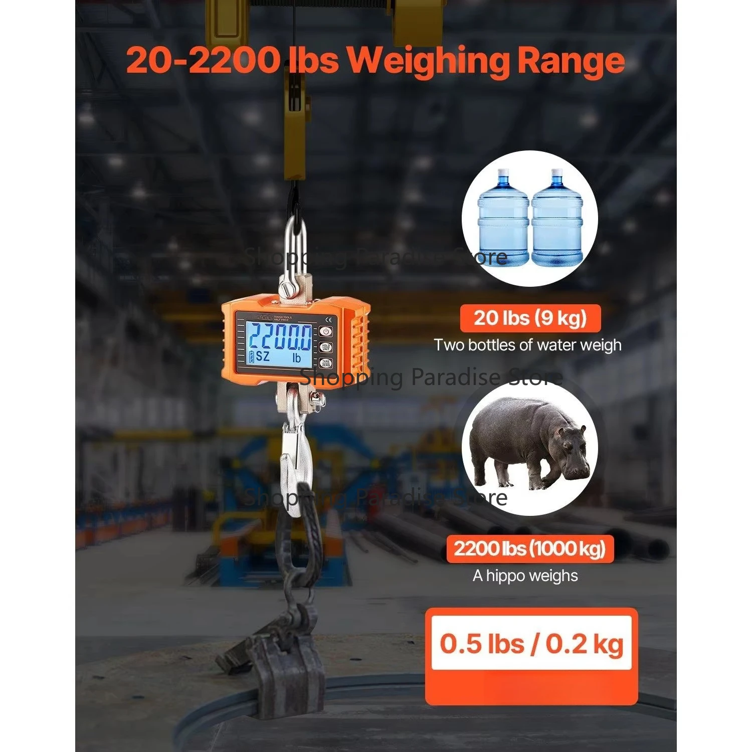 Orange Digital Crane Scale 2200 Lbs/1000 kg Industrial Heavy Duty Hanging Scale Remote Control High Precision LCD Screen Cast