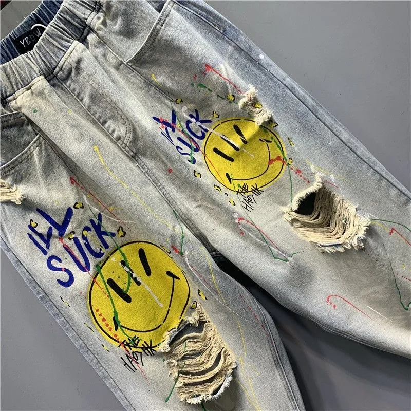 Fashion Printed Ripped Distressed Jeans for Women Summer Steetwear High-waisted Casual Denim Straight-leg Versatile Harem Pants