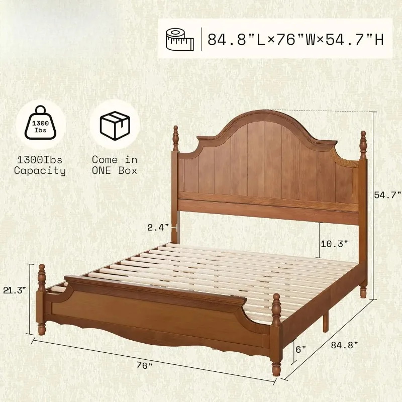 Solid Wood King Bed Frame 55 Inch Arched Headboard Wooden Slat Support No Box Spring Brown Bedroom Sleeping Frame