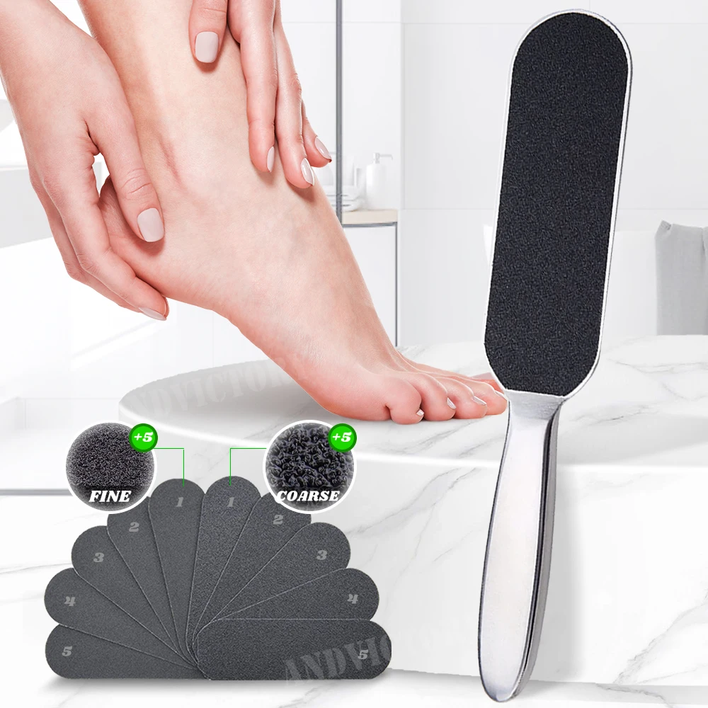 1 pz/1 set professionale pedicure lima per piedi doppio lato con 10 cuscinetti sostituibili rimozione calli calli pelle screpolata in acciaio inossidabile